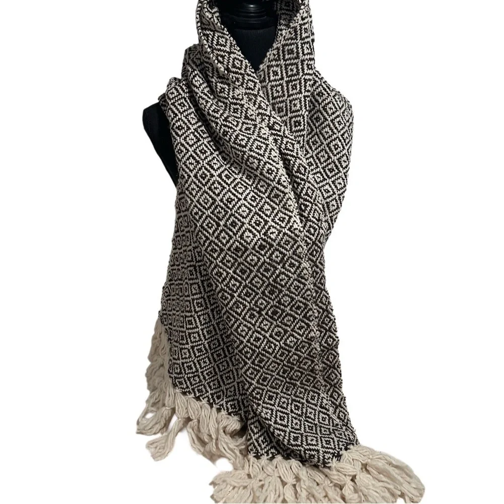 Mexican Rebozo Shawl in Brown on Cream –100% Raw Wool, Thick, Large Winter Wrap